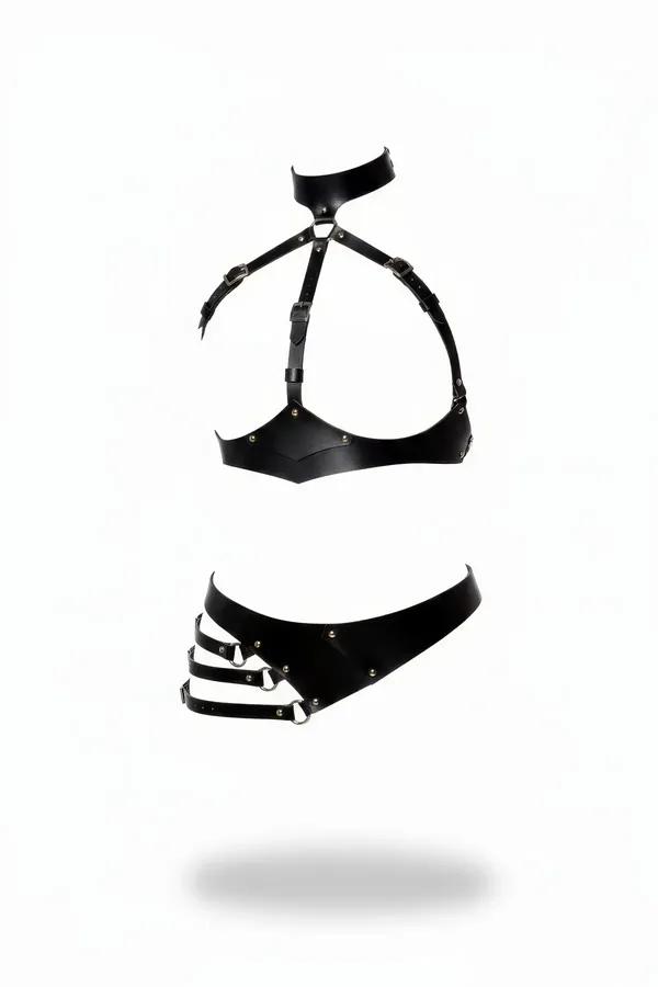 Faux Leather Harness Bra & Waist Belt Set with Collar