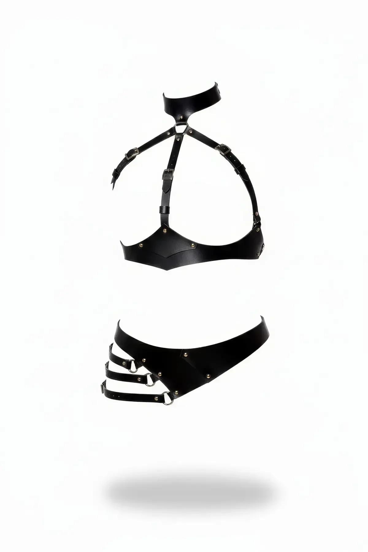 Faux Leather Harness Bra & Waist Belt Set with Collar