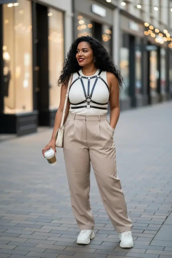 Black faux leather caged chest harness with silver O-rings worn over white tank top, street style look