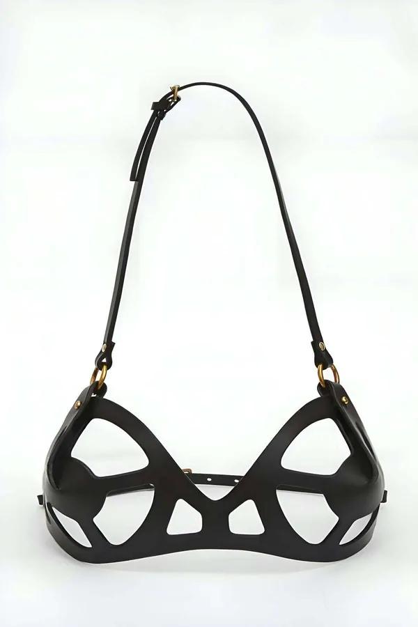 Strappy Cut-Out Faux Leather Harness Bra