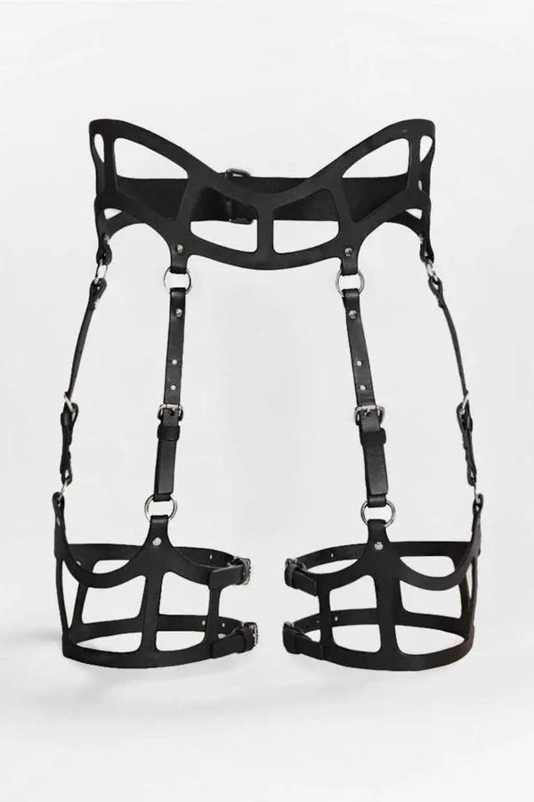 Black Cage Garter Harness with Structured Waist
