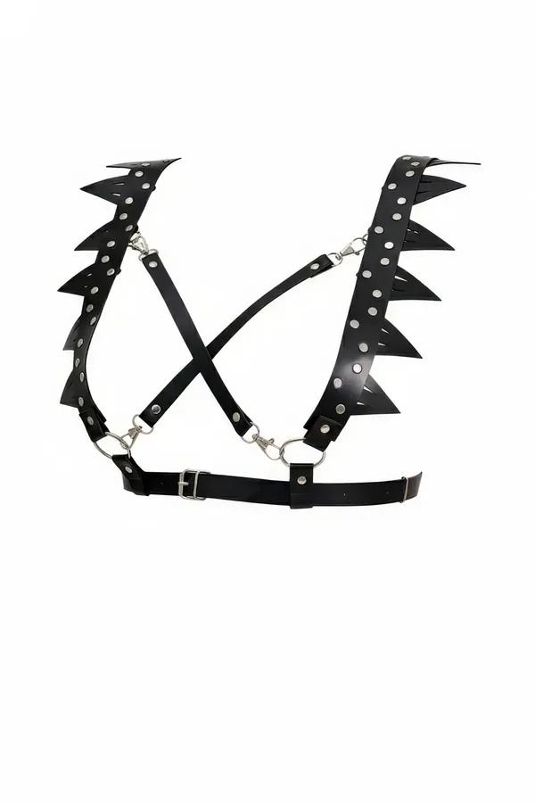 Spiked Shoulder Harness Bra with Studded Faux Leather