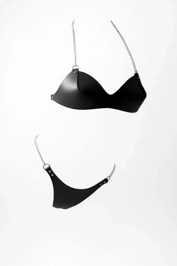 Faux Leather Bra & Thong Harness Set with Chain Straps