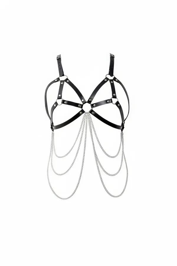 Caged Faux Leather Harness Bra with Draping Chains