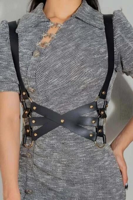 Black Faux Leather Body Harness Front View Adjustable Shoulder Straps with Gold O-Rings and Cross-Back Design