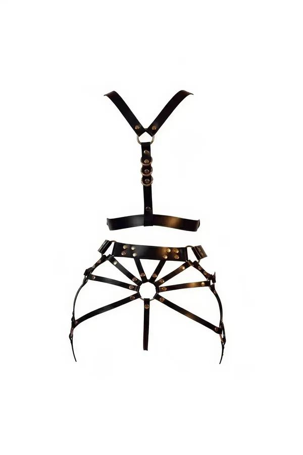 Two-Piece Faux Leather Body Harness with O-Ring Garter Skirt