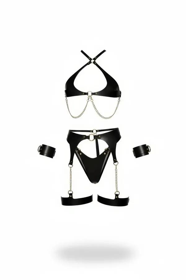 siyah suni deri harness takım zincir detaylı kelepçeli set gümüş O-ring 4 parça
