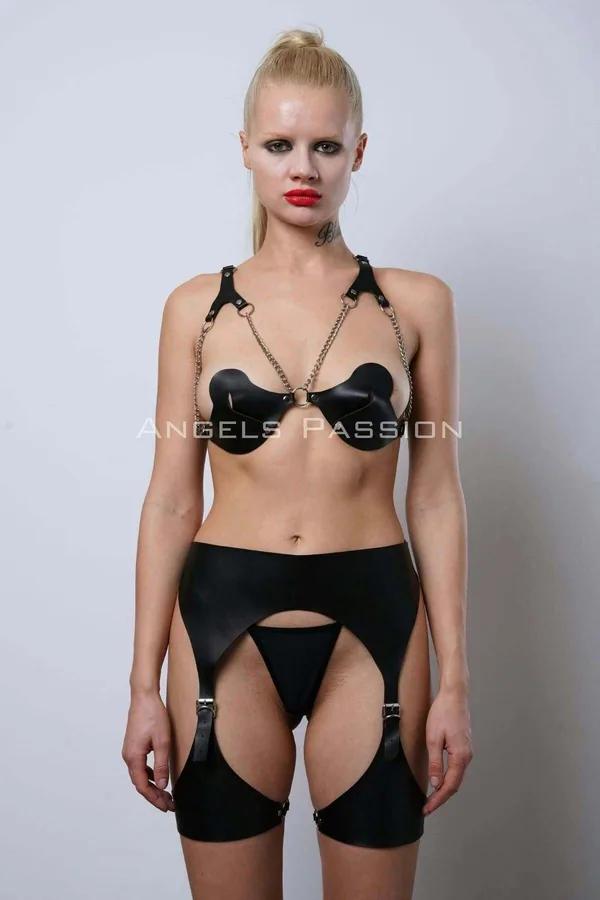 Faux Leather Harness Bra & Garter Belt Set with Leg Straps