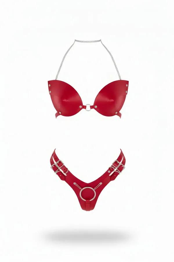 Red Faux Leather Bra and Harness Panty Set with Chain Detail