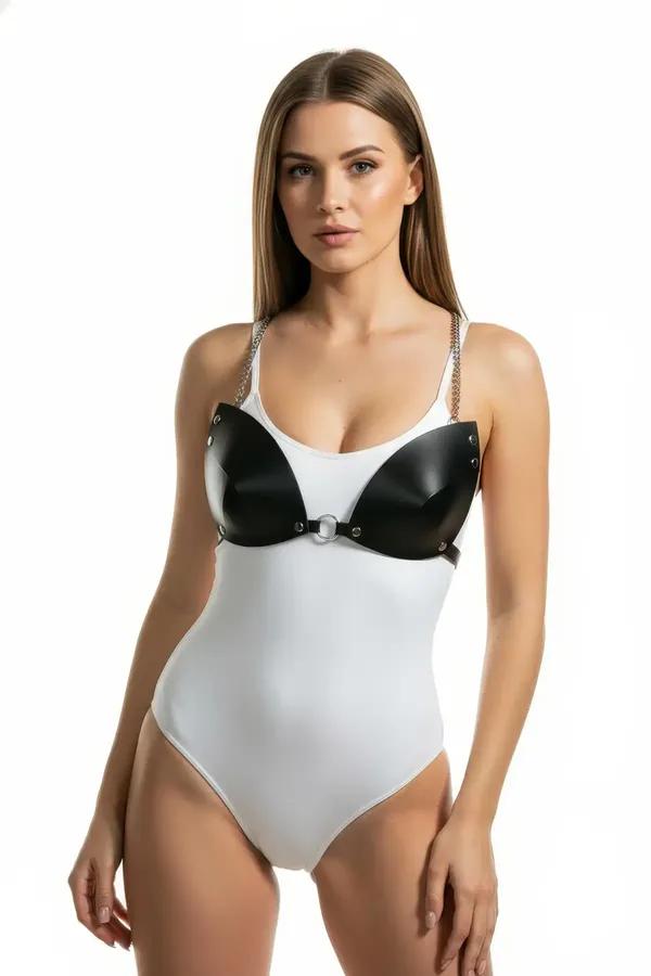 Black Faux Leather Harness Bra with Chain Detail