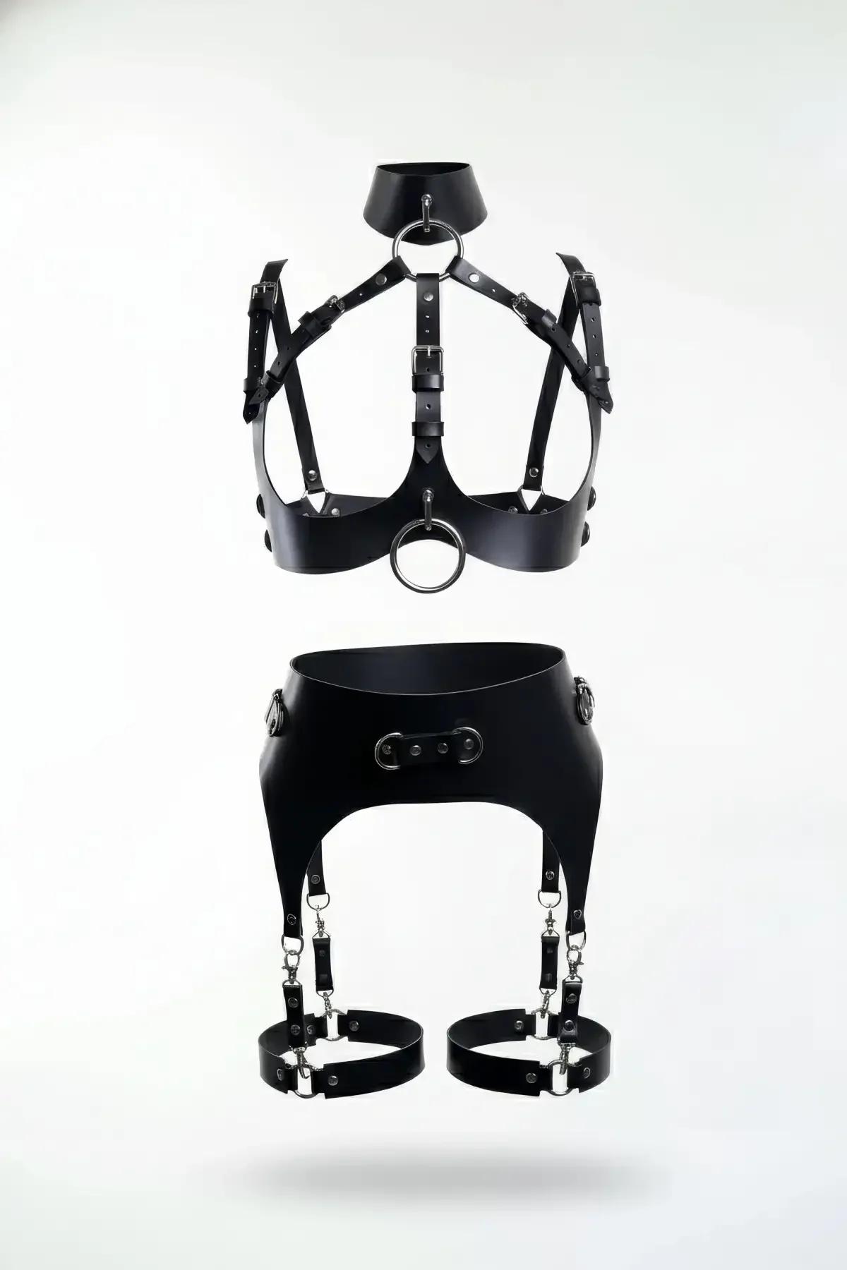 Two-Piece Faux Leather Body Harness & Garter Set