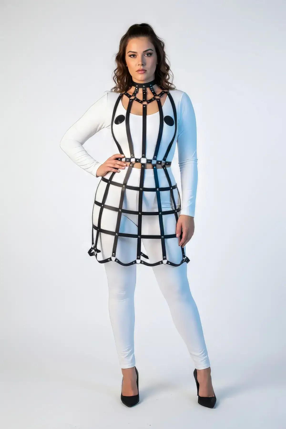 Lattice Grid Full Body Harness with Choker & Studs