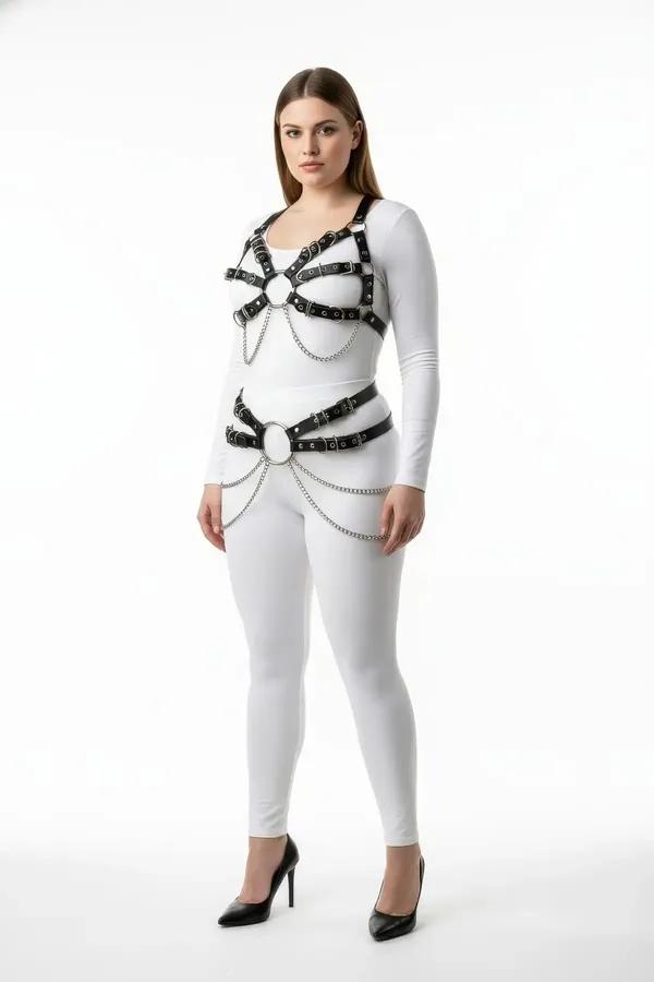 Faux Leather Full Body Harness with O-Rings & Chains