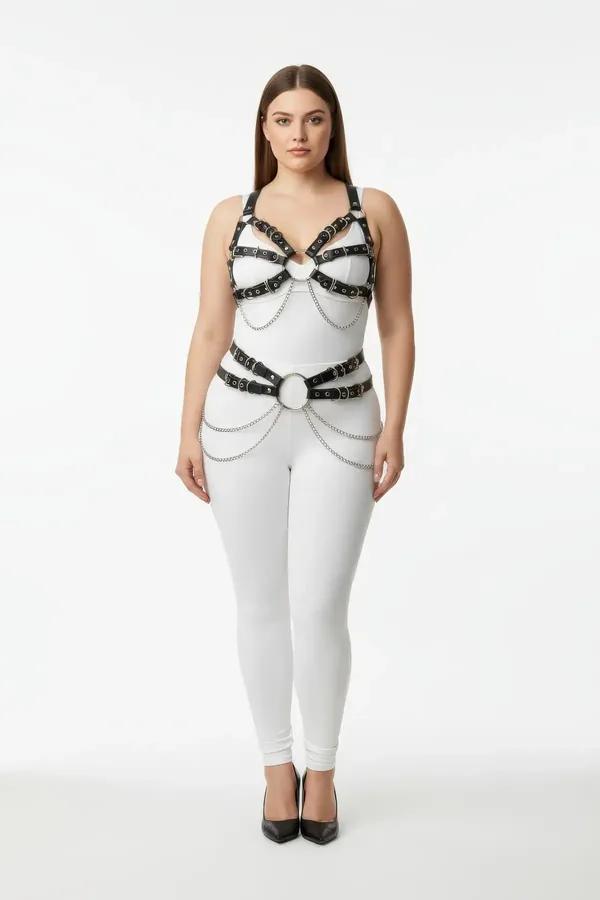 Faux Leather Full Body Harness with O-Rings & Chains