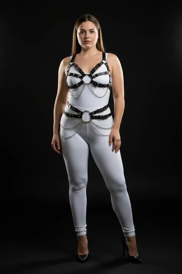 Faux Leather Full Body Harness with O-Rings & Chains
