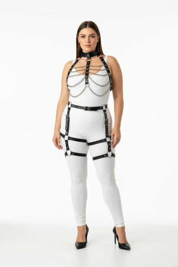 Faux Leather Full Body Harness with Thigh Garter Straps
