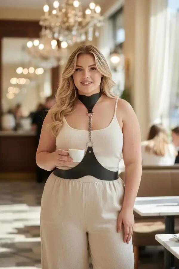 Black Faux Leather Collar-to-Waist Chain Harness