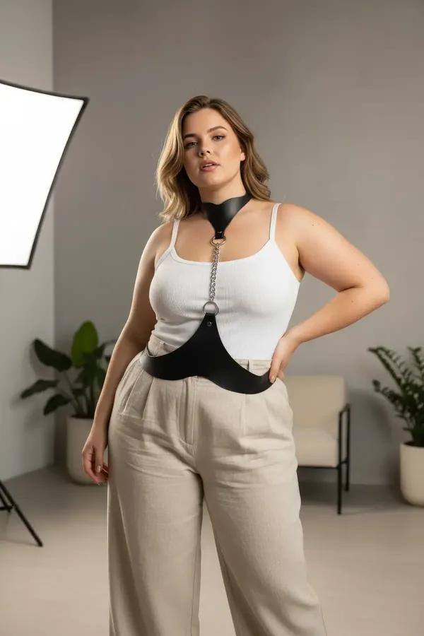 Black Faux Leather Collar-to-Waist Chain Harness
