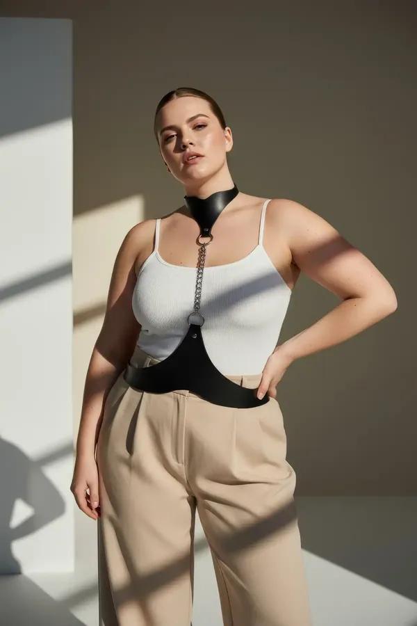 Black Faux Leather Collar-to-Waist Chain Harness