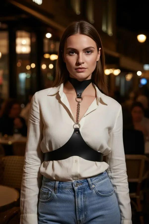 Siyah vegan deri zincir detaylı yüksek yaka underbust korse, gümüş O-halka ve boyun choker