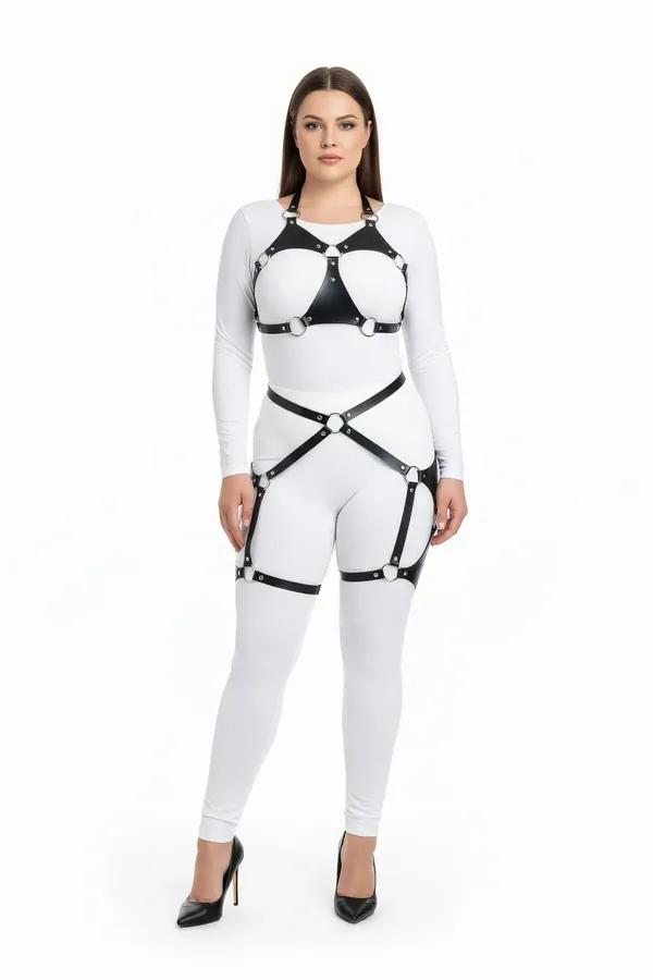 Black Faux Leather Full Body Harness with O-Rings & Garters