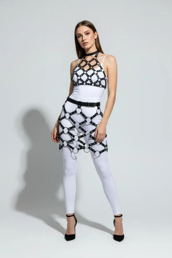 Caged Faux Leather Skirt Harness with Metal O-Rings
