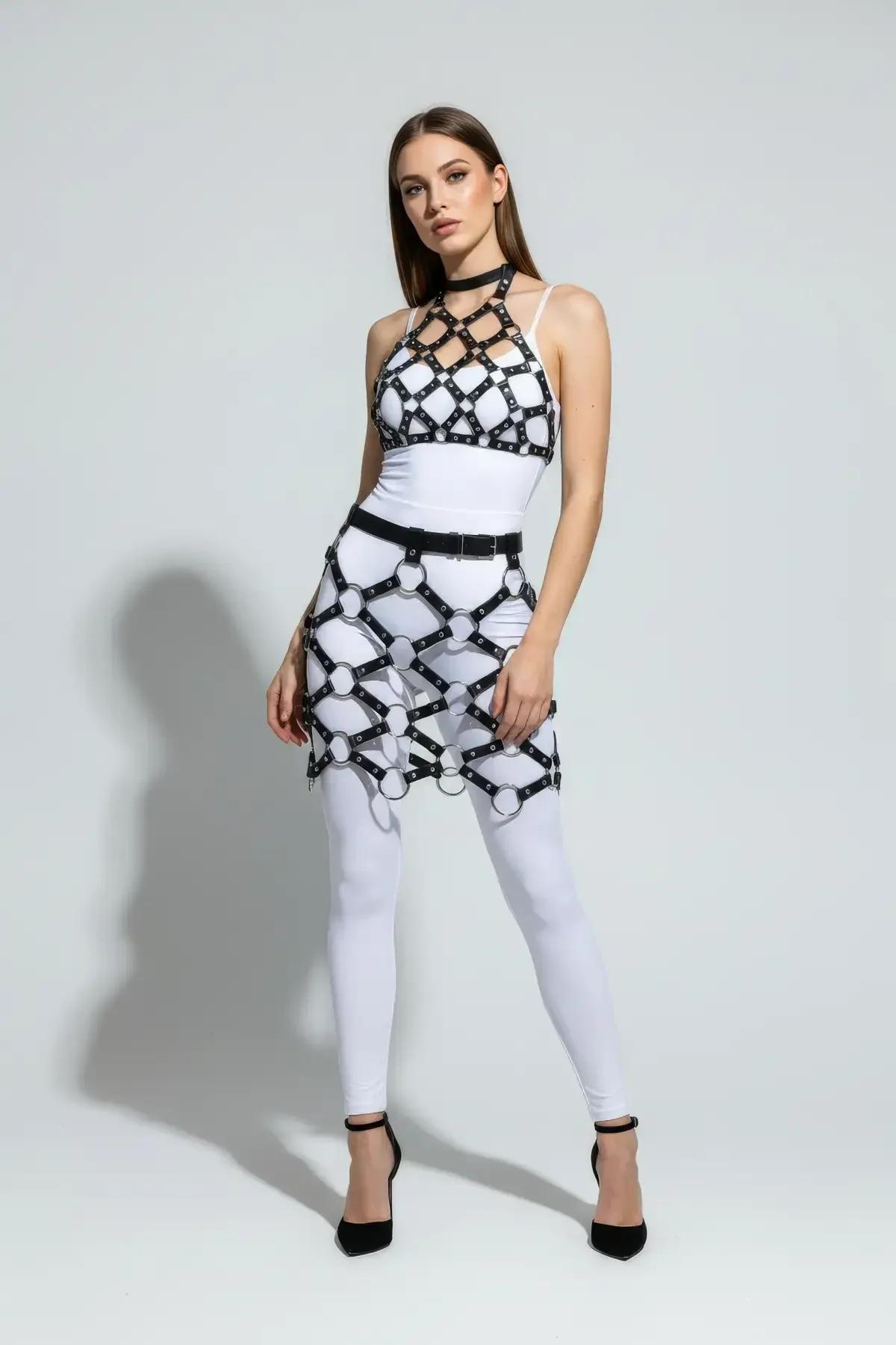 Caged Faux Leather Skirt Harness with Metal O-Rings