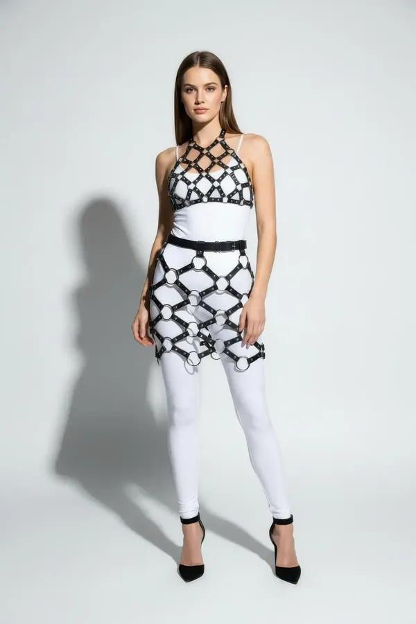 Caged Faux Leather Skirt Harness with Metal O-Rings