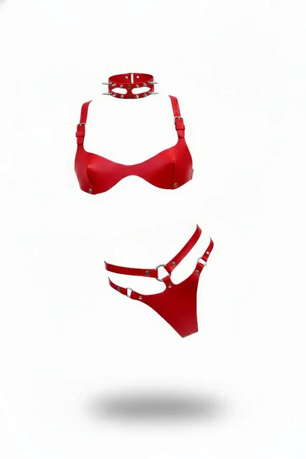 Red Faux Leather Bra, G-String, & Spiked Choker Set