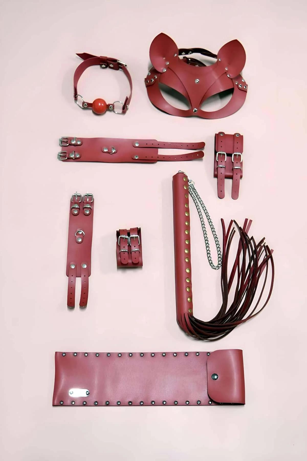 Red Faux Leather Fashion Accessory Set with Cat Mask