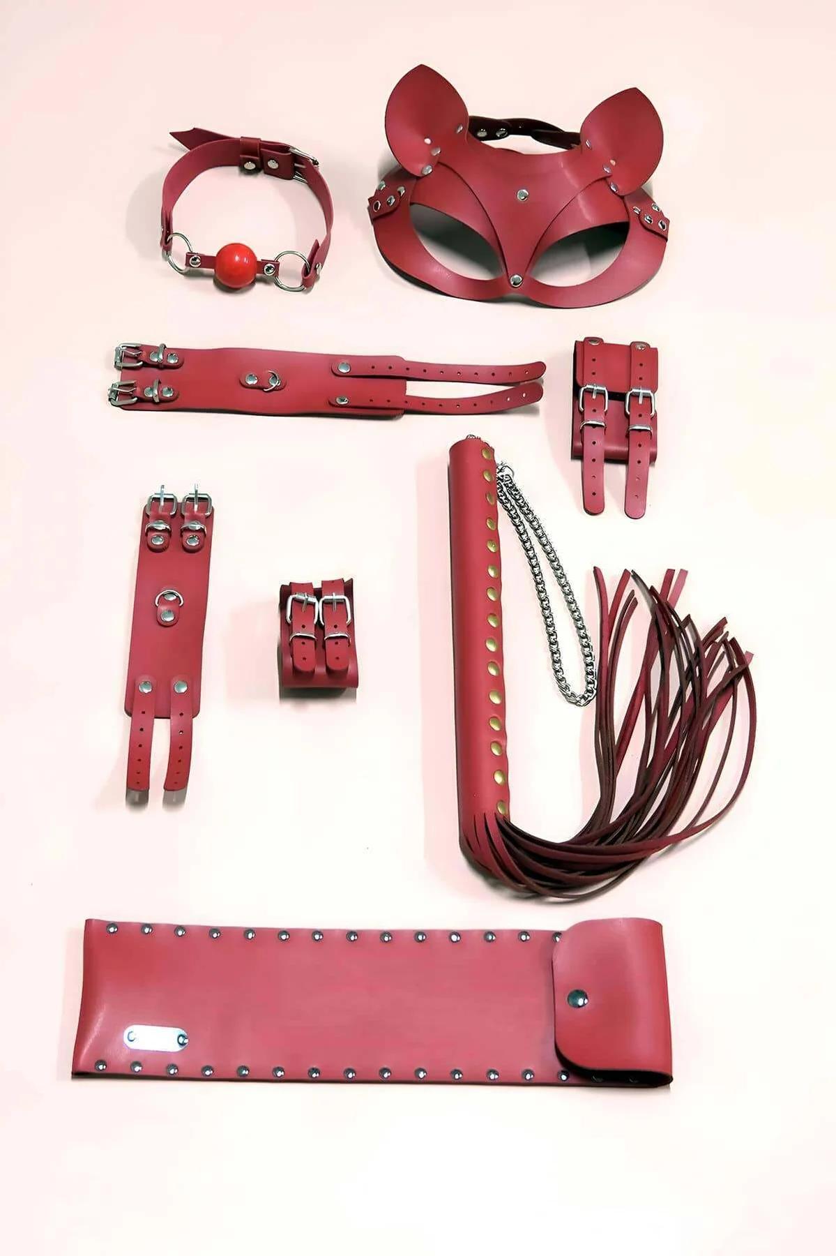 Red Faux Leather Fashion Accessory Set with Cat Mask