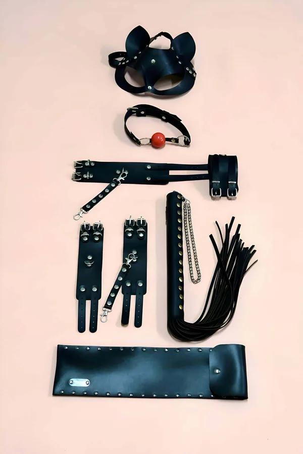 Faux Leather Costume Play Accessory Set with Cat Mask