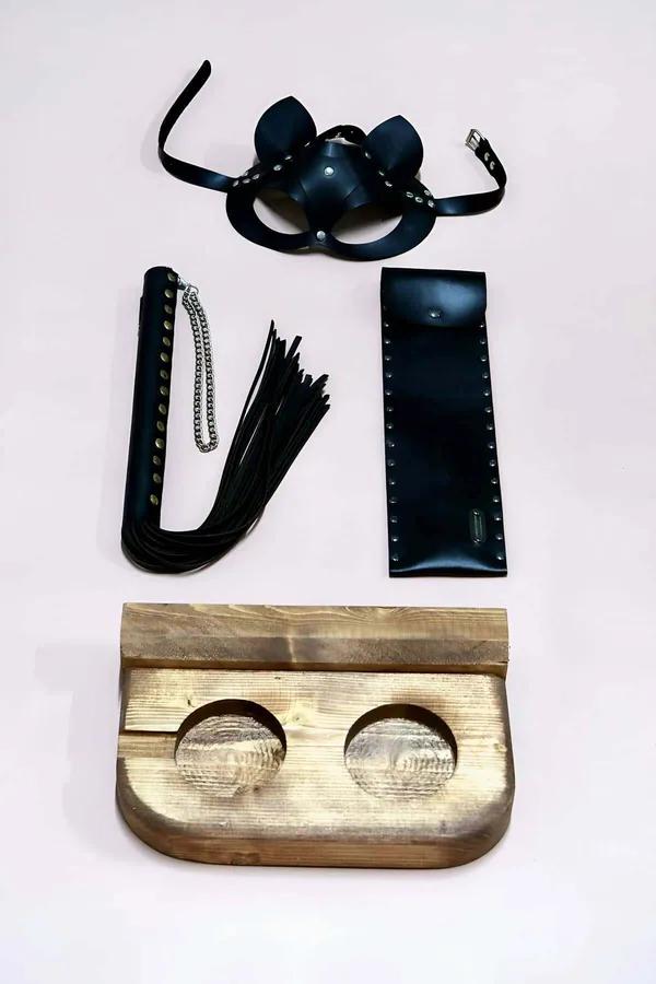 Faux Leather Cat Mask & Collar Set with Handle Whip