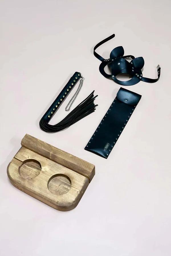 Faux Leather Cat Mask & Collar Set with Handle Whip