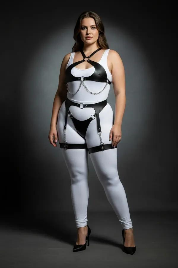 Plus Size Faux Leather Body Harness with O-Rings & Garter Straps