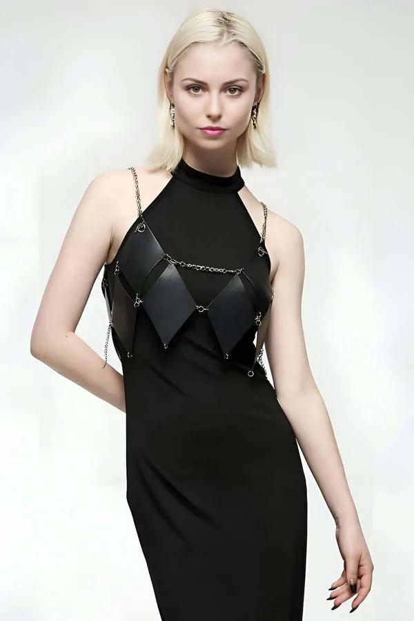 Diamond Quilted Body Harness with Chain Accents