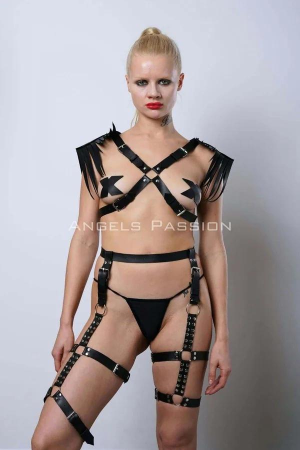 Faux Leather Full Body Harness with Fringe Shoulders & Garter