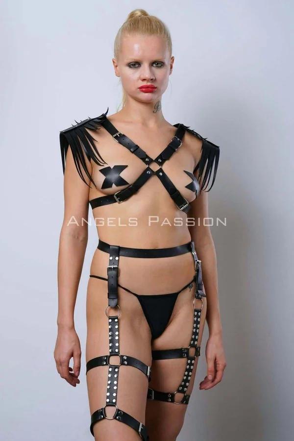 Faux Leather Full Body Harness with Fringe Shoulders & Garter