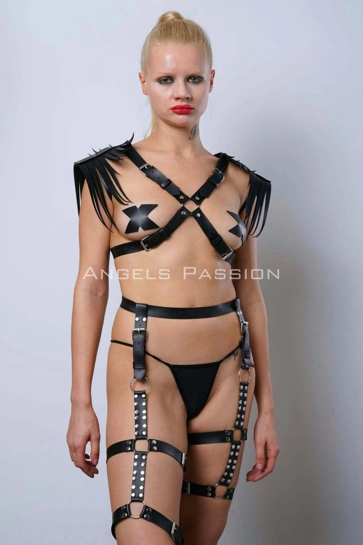 Faux Leather Full Body Harness with Fringe Shoulders & Garter