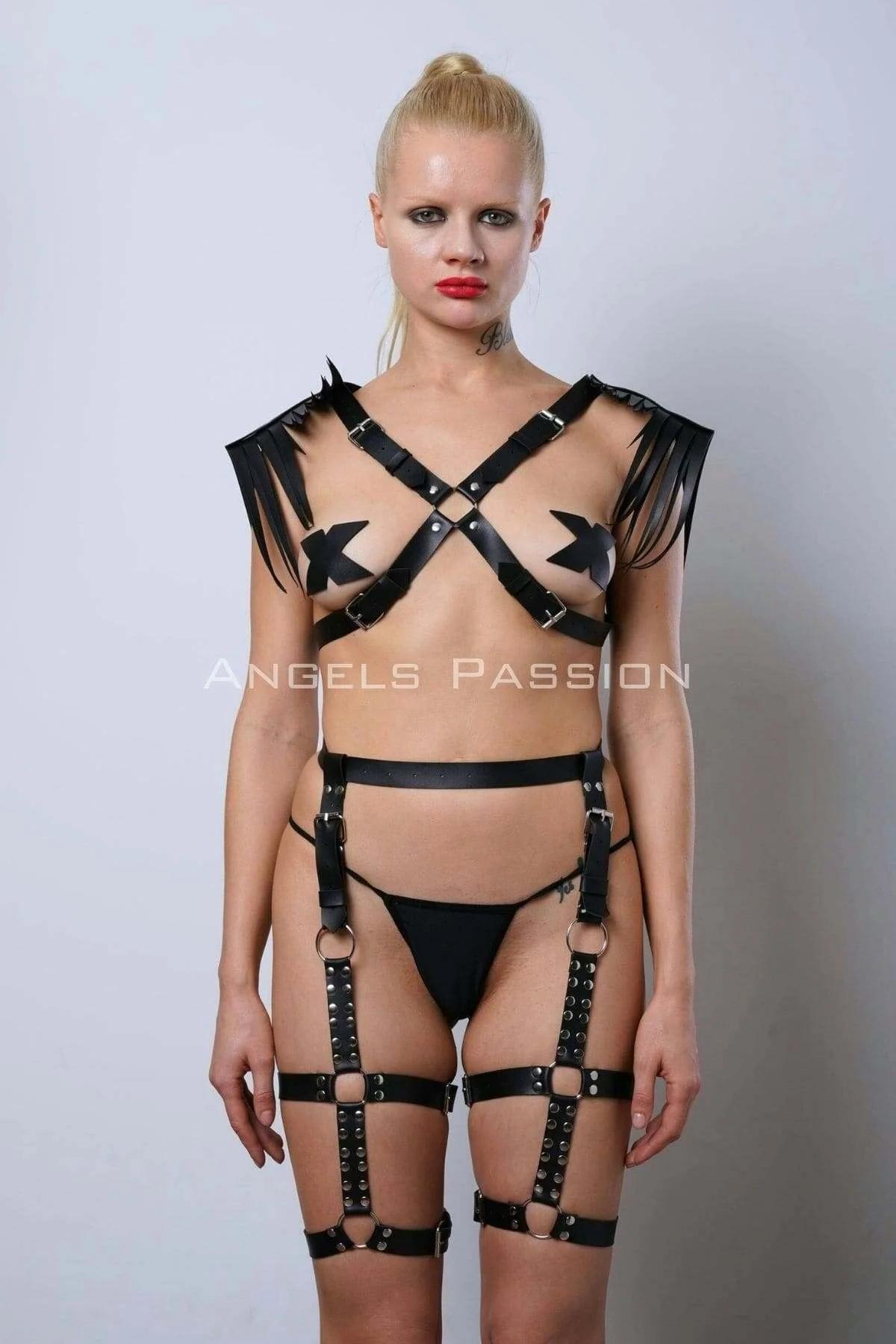 Faux Leather Full Body Harness with Fringe Shoulders & Garter