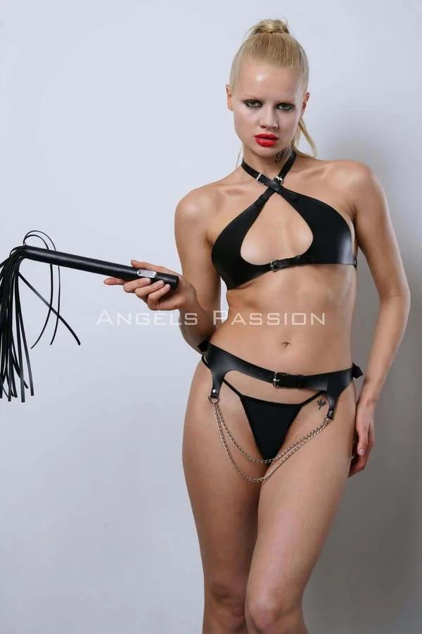 Faux Leather Harness Bra & Garter Belt Set with Chains