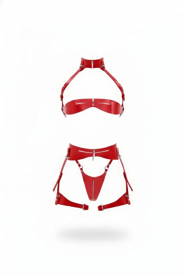 Red Faux Leather Bra Harness & Garter Set