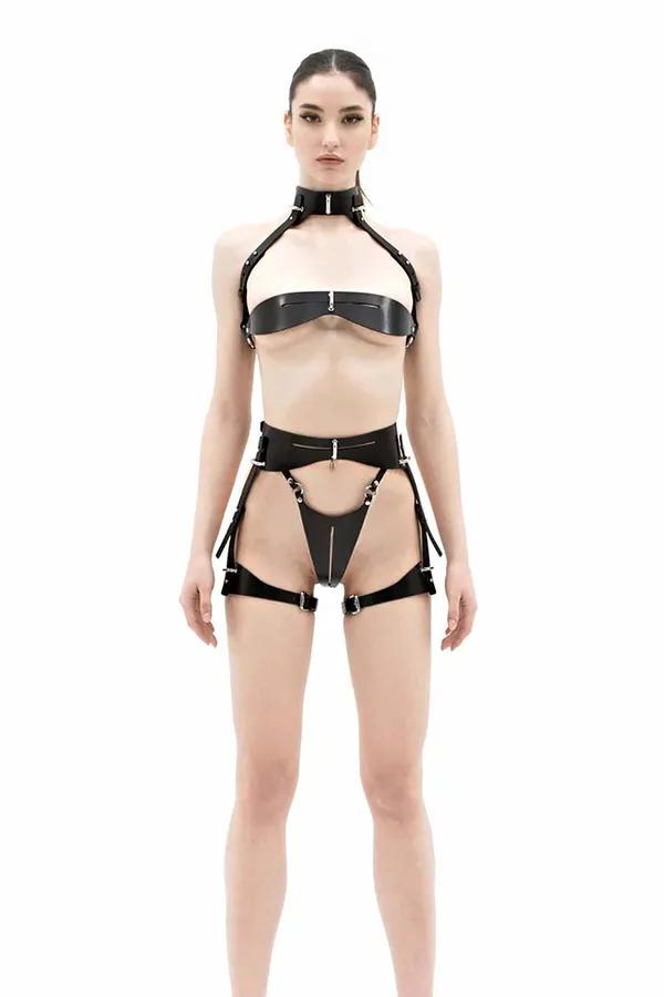 Faux Leather Full Body Harness with Thong & Bra
