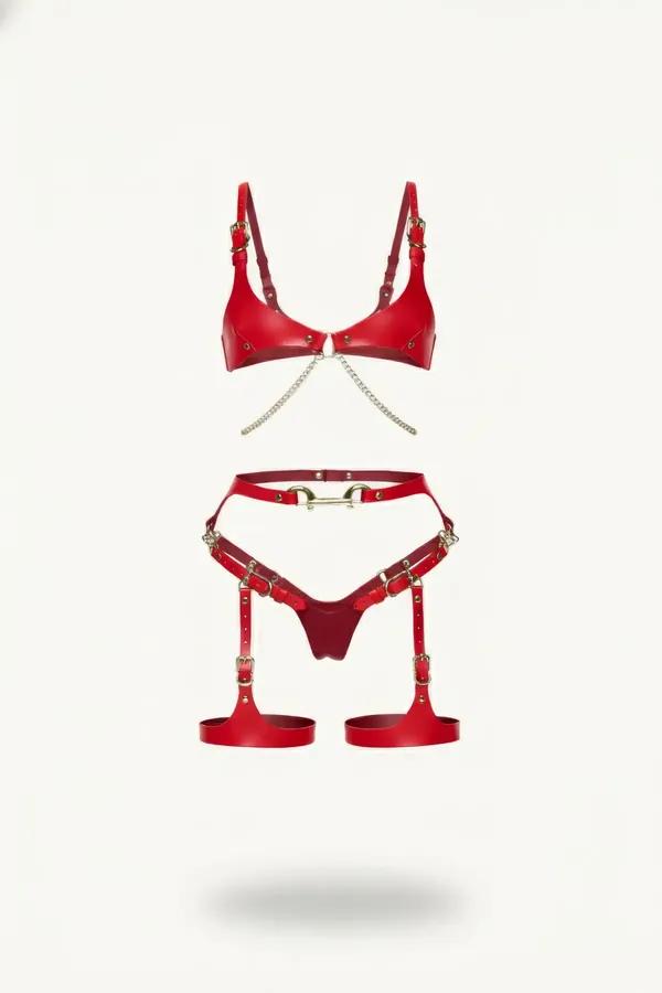 Red Vegan Leather Harness Bra & Garter Set with Chains
