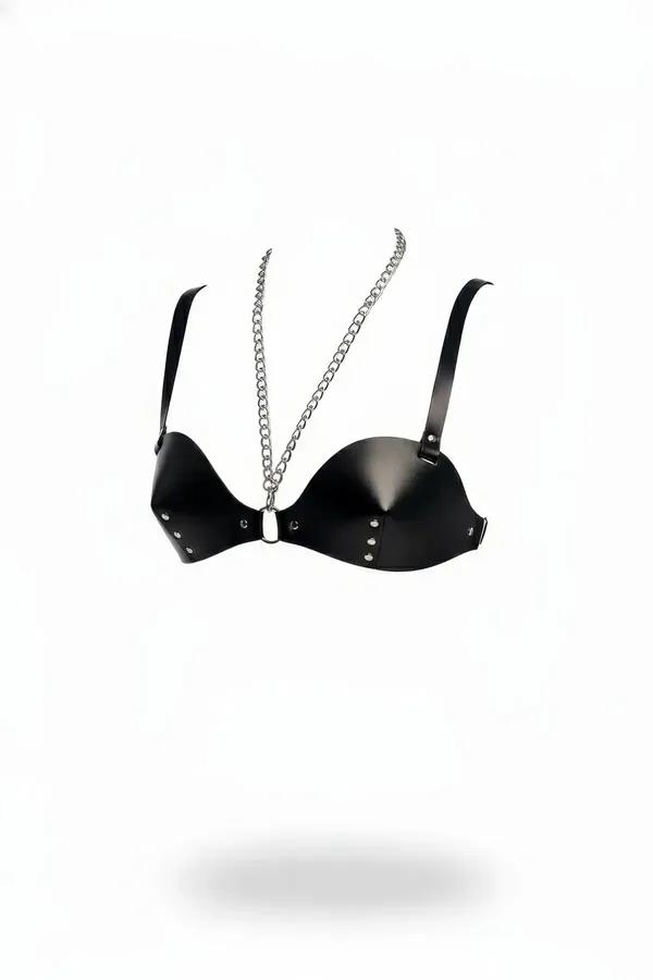 Studded Faux Leather Bra Top Harness with Chain Detail
