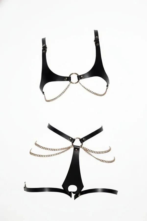 Faux Leather Harness Bra & Garter Set with Chain Accents