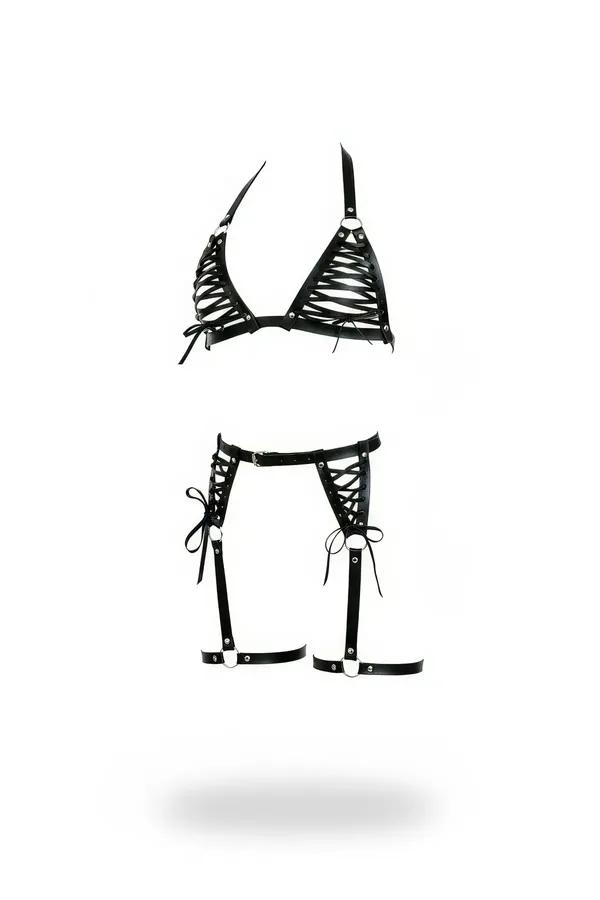 siyah suni deri harness takım çapraz bağlamalı üçgen bralet ve bel-uyluk harness gümüş O-halka toka