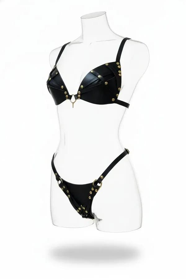 Studded Faux Leather Harness Bra & Thong Set