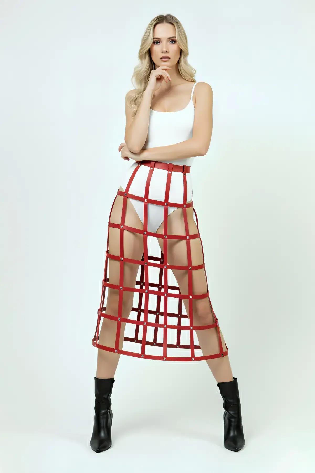 Red Faux Leather Cage Skirt Harness