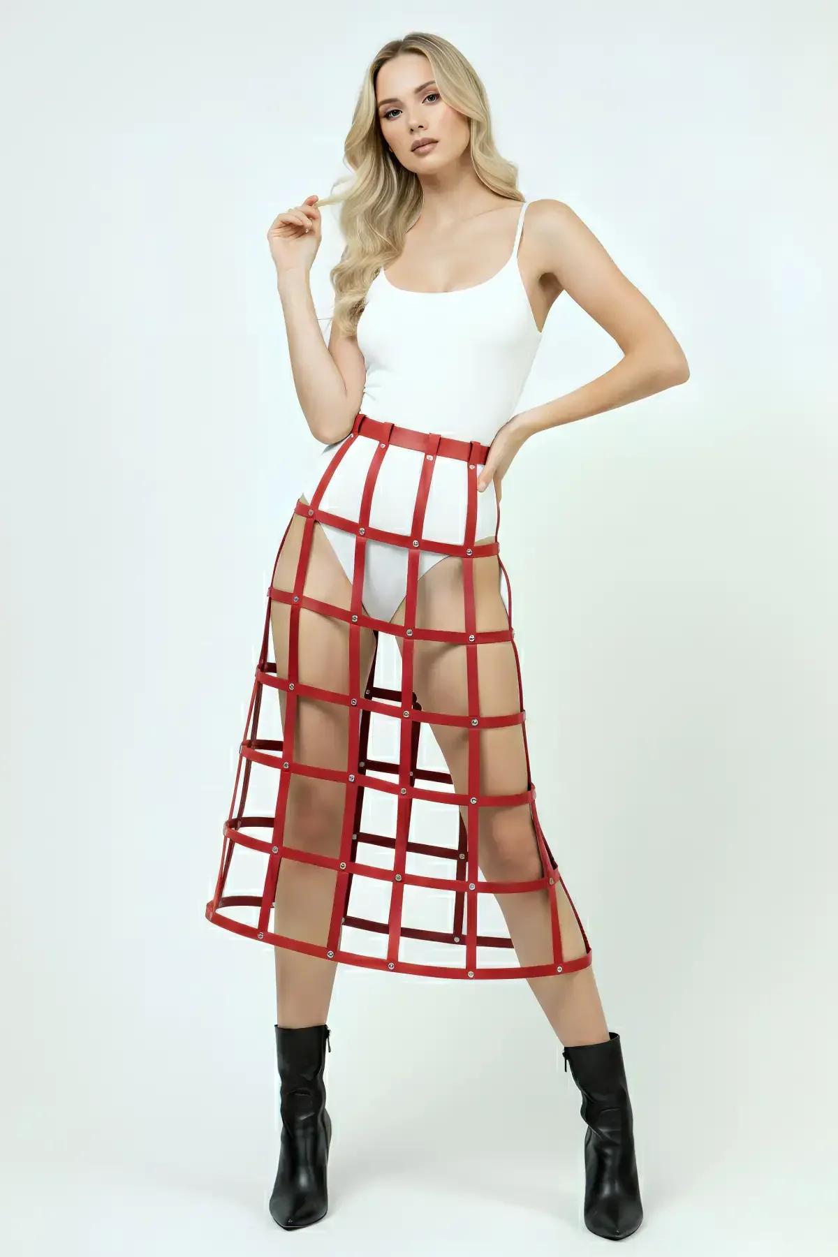Red Faux Leather Cage Skirt Harness